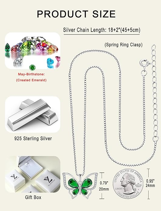 YL Women's Butterfly Necklace 925 Sterling Silver Flower Rose Pendant Birthstone Halo Jewelry
