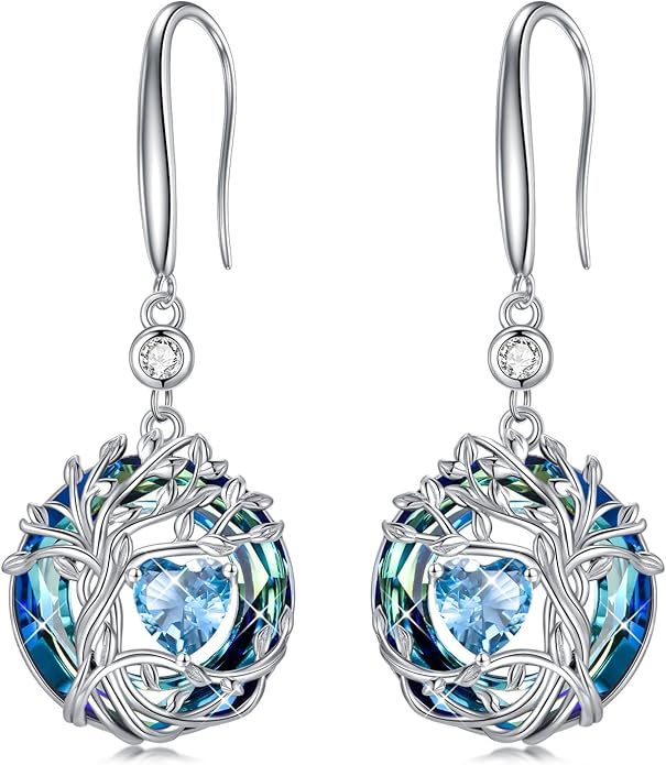 TOUPOP Tree of Life Birthstone Earrings for Women 925 Sterling Silver Family Tree Dangle Earrings Austrian Crystal Jewelry Birthday Christmas Gifts for Her Girlfriend Wife Mom