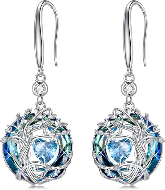 TOUPOP Tree of Life Birthstone Earrings for Women 925 Sterling Silver Family Tree Dangle Earrings Austrian Crystal Jewelry Birthday Christmas Gifts for Her Girlfriend Wife Mom