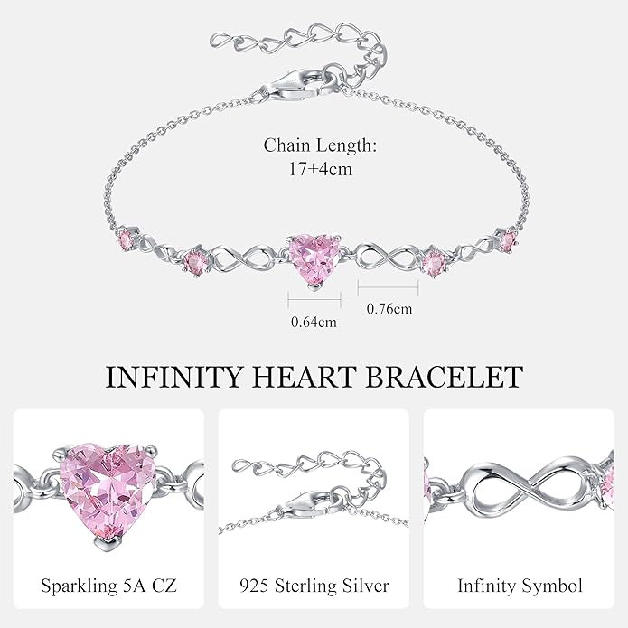 G&GEMSJEW Infinity Heart Birthstone Bracelets for Women, 925 Sterling Silver Women Charm Link Bracelet Adjustable, Birthday Anniversary Christmas Jewelry Gifts for Women Wife Mom Girlfriend Her