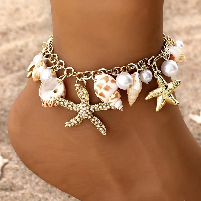 Shell Ankle Bracelet Set for Women, Gold Plated Boho Bead Adjustable Anklet, Hawaiian Beach Seashell Pearl Heart Starfish Conch Foot Jewelry Gifts