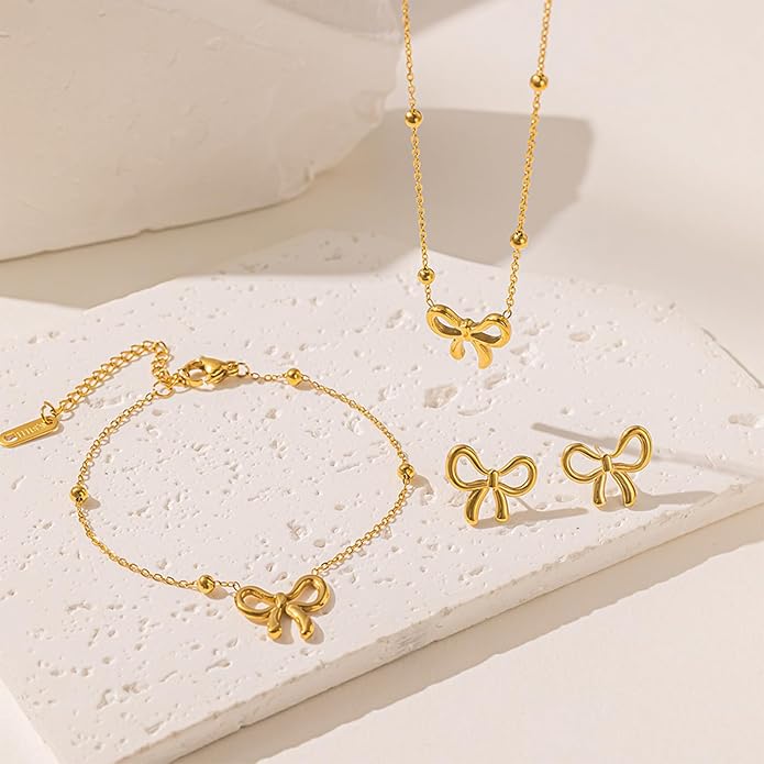 Bow Earrings Necklace Bracelet Set for Women Dainty Bowknot Jewelry Set Gold Pendant Necklace Ribbon Stud Earrings Cute Bow Accessories Elegant Gift for Her