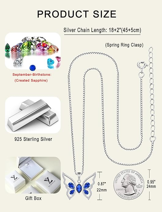 YL Women's Butterfly Necklace 925 Sterling Silver Flower Rose Pendant Birthstone Halo Jewelry