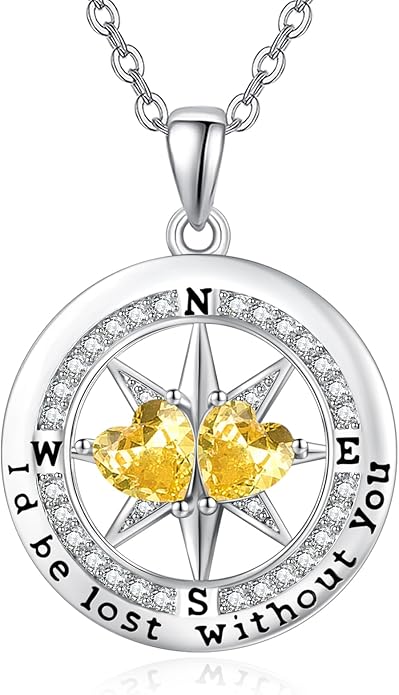 Compass Birthstones Necklace for Women, Exquisite Anniversary Birthday Gifts for Wife Her Double Birthstone Pendant jewelry ‘I'd be Lost Without You’