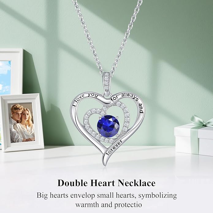 S925 Sterling Silver Necklace for Women, Christams Gift for Women, Love Heart Birthstone Necklaces for Women, Wife Jewelry, Mom Birthday Valentines Mothers Day Gifts, Girlfriend Necklaces, Daughter Heart Jewel, Anniversary for Her