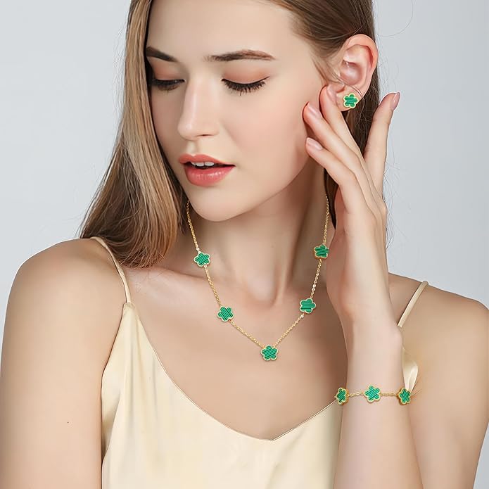 AmorArtSky Lucky Clover Jewelry Set - 18K Gold Plated Flower Design Five Leaf Bracelet, Necklace Pendant, Earrings for Women - Lucky Gifts for Mom, Wife, Daughter, Friends