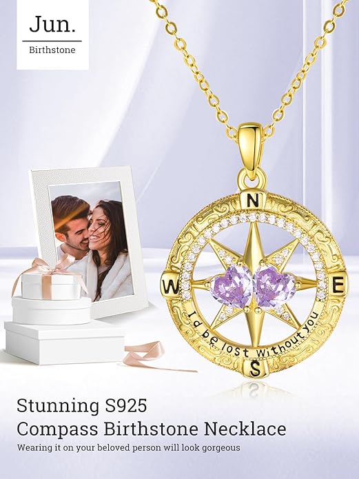 Zeuslia Double Birthstone Necklace Gifts for Wife - 925 Sterling Silver Sunflower/Rose/Crown Cross/Compass/Heart Pendant I Love You Necklace, Anniversary Birthday Gifts for Wife Girlfriend Mom Her