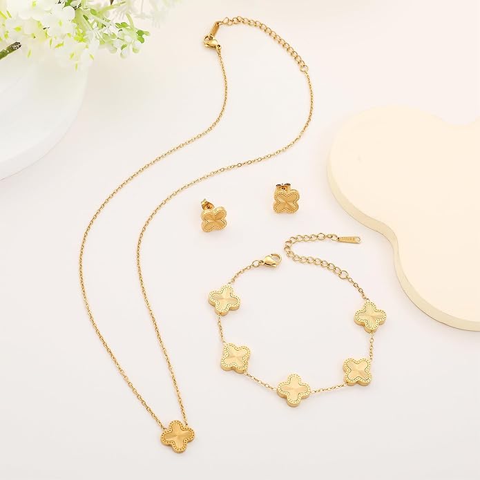 Lucky Clover Sets, 18K Gold Plated Four Leaf Bracelet, Necklace Pendant, Earrings for Women Flower Link Bracelets Set Jewelry Gifts for Women