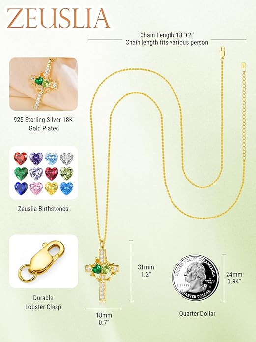 Zeuslia Double Birthstone Necklace Gifts for Wife - 925 Sterling Silver Sunflower/Rose/Crown Cross/Compass/Heart Pendant I Love You Necklace, Anniversary Birthday Gifts for Wife Girlfriend Mom Her