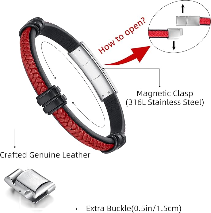 Leather Bracelet for Men with Adjustable Stainless Steel Magnetic Clasp Multi-Layer Braided Mens Leather Bracelet