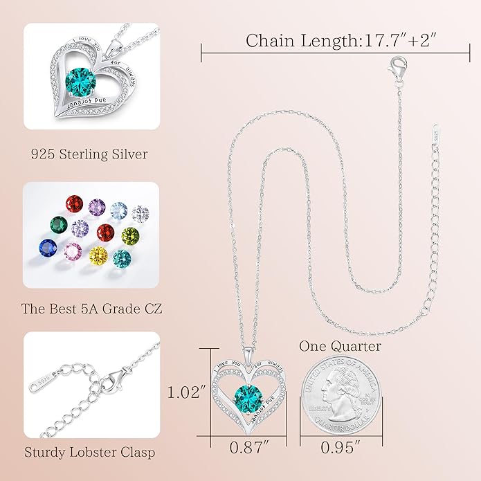 LOUISA SECRET Love Heart Birthstone Necklaces for Women, Birthday Gift for Girlfriend, Anniversary Jewelry Gift for Wife Her, 925 Sterling Silver Women Pendant Necklace, Mother's Day Christams Gift