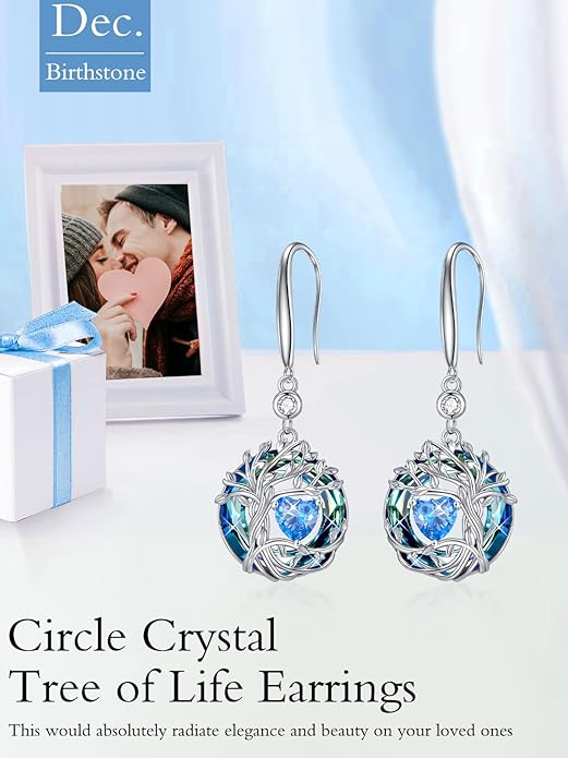 TOUPOP Tree of Life Birthstone Earrings for Women 925 Sterling Silver Family Tree Dangle Earrings Austrian Crystal Jewelry Birthday Christmas Gifts for Her Girlfriend Wife Mom