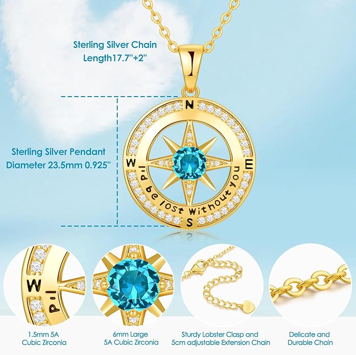 Zifeel Compass Necklace Gifts for Women wife - S925 Sterling Silver Birthstone Necklaces for Women - Anniversary Birthday Gifts for Her Wife Girlfriend - Valentines Mom Mothers Day Christmas Gifts Jewelry for Women