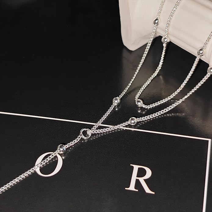 Lariat Silver/Gold Necklace for Women 925 Silver/14K Gold Plated Dainty Long Necklace Y-Shaped Drop Pendant Necklaces Choker Trendy Chain Simple Layered Necklaces CZ Jewelry for Women Set Gift