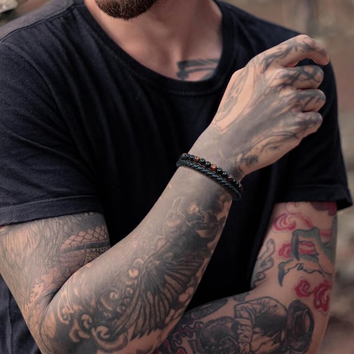 Mens Tiger Eye Matee Black Onyx Lava Rock Volcanic Stone Beaded Bracelet, Black Braided Leather Bracelet for Men