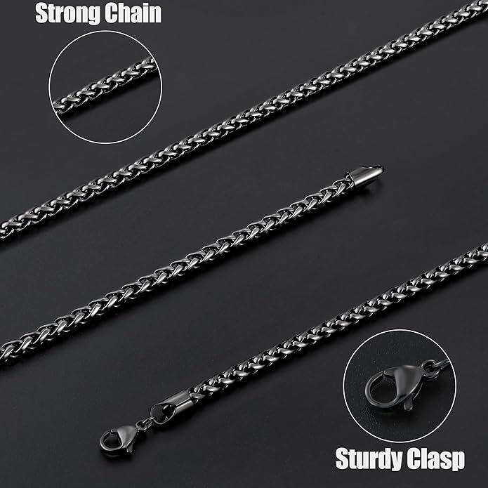 Fiusem Wheat Chains for Men and Women, 2/2.5/3/4/5mm Silver Tone/14K Gold Plated/Black Necklace Chain, Stainless Steel Mens Necklace 16-28 Inch