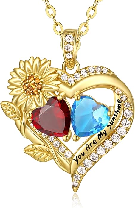 Sunflower Heart Necklace for Women 14K Gold Exquisite Anniversary Birthday Gifts for Wife Mother Her Double Birthstone Pendant jewelry‘You Are My Sunshine’
