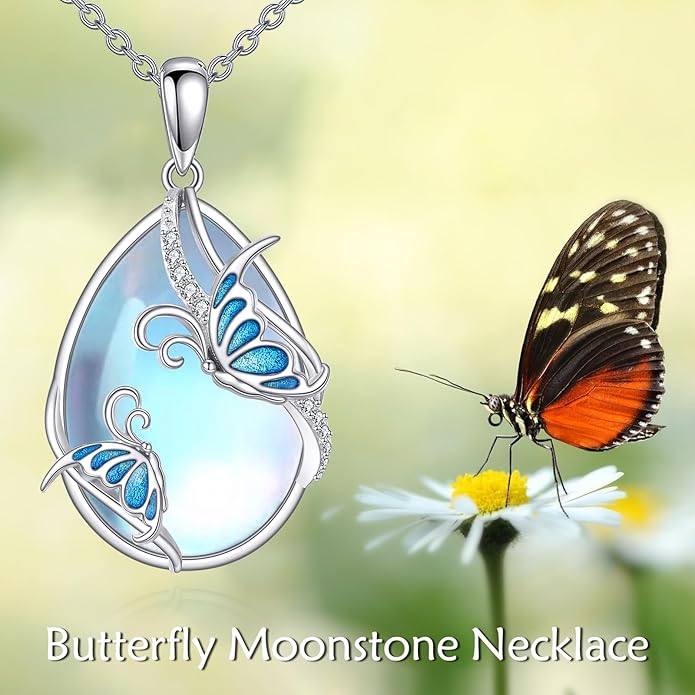 KQF Dragonfly/Butterlfy/Cat/Jellyfish/Bunny/Axolotl/Bee/Mermaid/Hummingbird/Elephant Necklace for Women Sterling Silver Moonstone Pendant Necklace Dragonfly Jewelry Gifts for Women