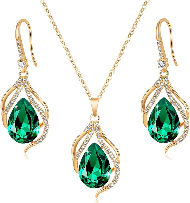 EVEVIC Austrian Crystals Teardrop Hollow Twisted Pendant Necklace Earrings for Women 14K Gold Plated Halo Drop Dangle Earrings Hypoallergenic Jewelry Set