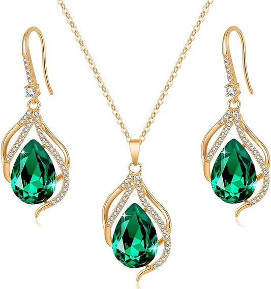 EVEVIC Austrian Crystals Teardrop Hollow Twisted Pendant Necklace Earrings for Women 14K Gold Plated Halo Drop Dangle Earrings Hypoallergenic Jewelry Set