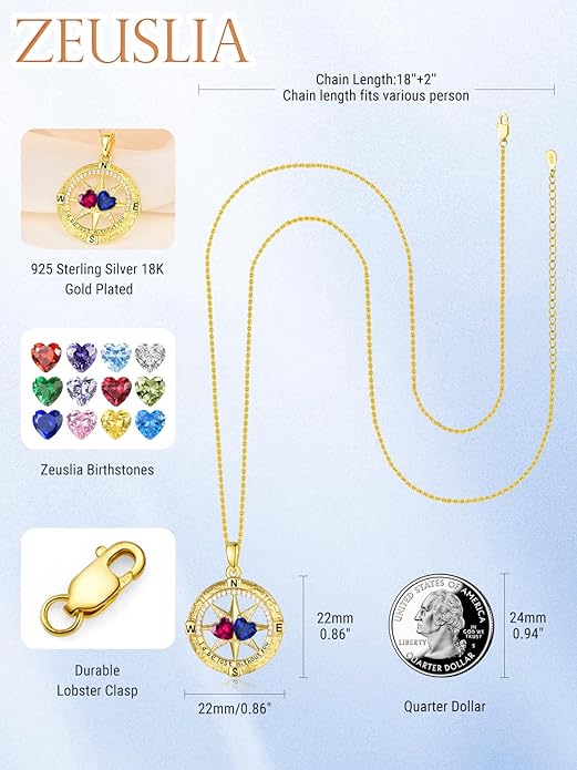 Zeuslia Double Birthstone Necklace Gifts for Wife - 925 Sterling Silver Sunflower/Rose/Crown Cross/Compass/Heart Pendant I Love You Necklace, Anniversary Birthday Gifts for Wife Girlfriend Mom Her