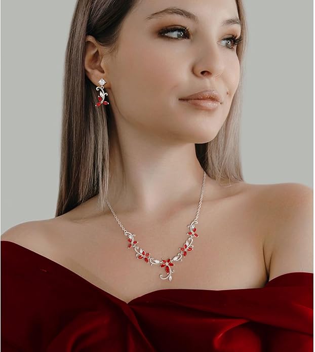 Crysdue Flower Leaf Wedding Jewelry Set for Bridal Bridemaid, Cubic Zirconia Teardrop Elegant Silver/14K/Rose Gold Plated Vine Necklace Dangle Earrings for Prom Party