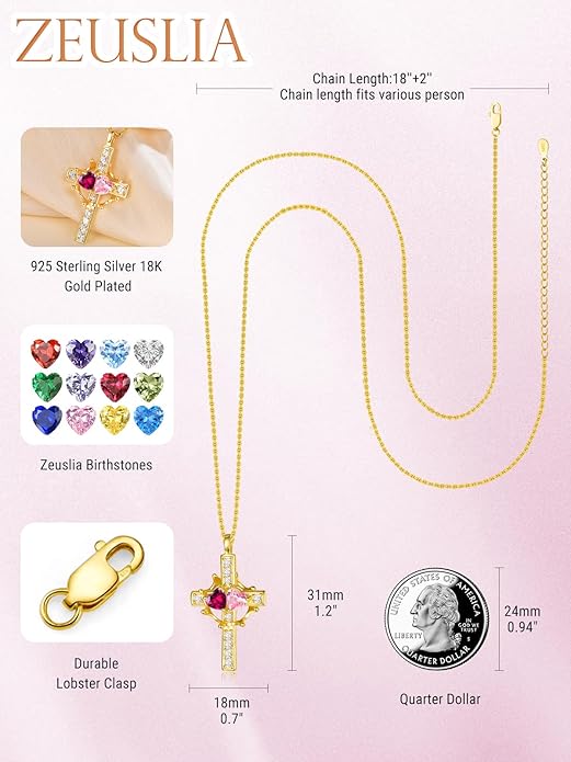 Zeuslia Double Birthstone Necklace Gifts for Wife - 925 Sterling Silver Sunflower/Rose/Crown Cross/Compass/Heart Pendant I Love You Necklace, Anniversary Birthday Gifts for Wife Girlfriend Mom Her