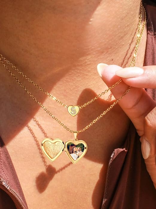 U7 Women Locket Necklace Platinum 14K Gold Photo Lockets that Hold Picture,Chain 20 Inch Personalized Gift Custom Love Heart Image Necklaces