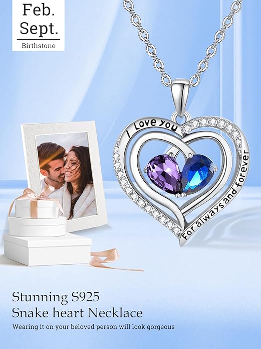 Zeuslia Double Birthstone Necklace Gifts for Wife - 925 Sterling Silver Sunflower/Rose/Crown Cross/Compass/Heart Pendant I Love You Necklace, Anniversary Birthday Gifts for Wife Girlfriend Mom Her