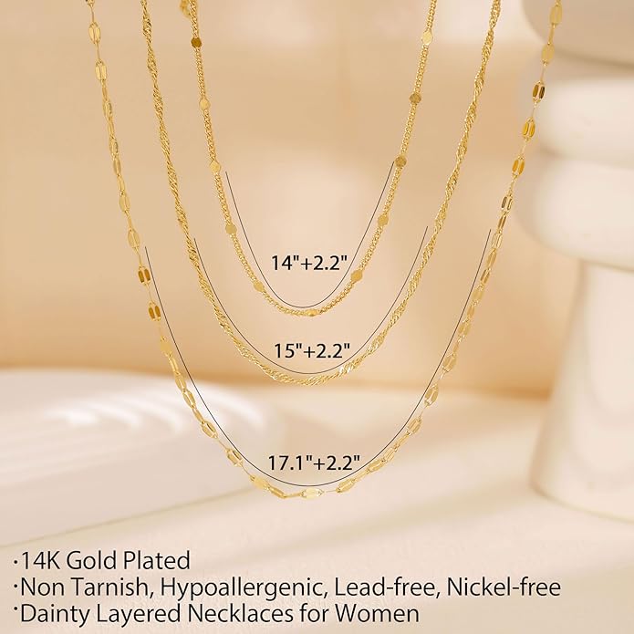 Layered Necklaces for Women, Dainty 14K Gold Plated Herringbone Chain Necklace Set Chunky Gold Necklace Stack Layering Choker Necklaces for Women Trendy Fashion Waterproof Jewelry