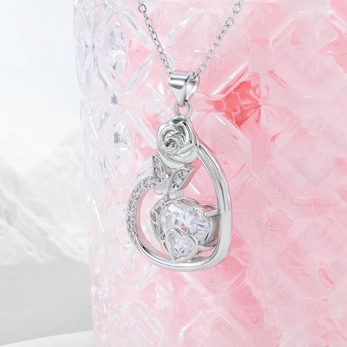 Sterling Silver Heart Rose Flower Necklace for Women Shiny Big Cz Butterfly Pendant Necklace Elegant Rose Promise Necklace Jewelry for Mom Wife Wedding Mother's Day Anniversary Birthday Gifts
