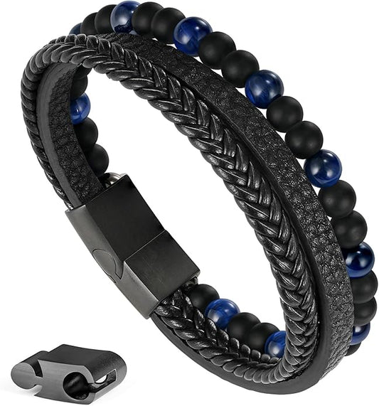 Gifts for Men - Layered Leather Beads Bracelet, Tiger Eye Lava Rock Stone Braided Leather Bracelets for Men Adjustable Magnetic Clasp Birthday Gifts
