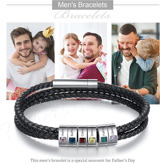 kaululu Custom Leather Bracelet for Men with 1/2/3/4/5/6/7/8 Birthstones Engraved Stainless Steel Beads Personalized Names Bracelet for Father's Day Christmas Thanksgiving Gift for Men