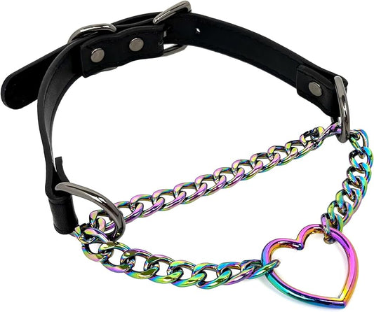 Black Leather Choker Collar For Women, Handmade Heart Slip Chain Choker Long Necklace with Adjustable Buckle