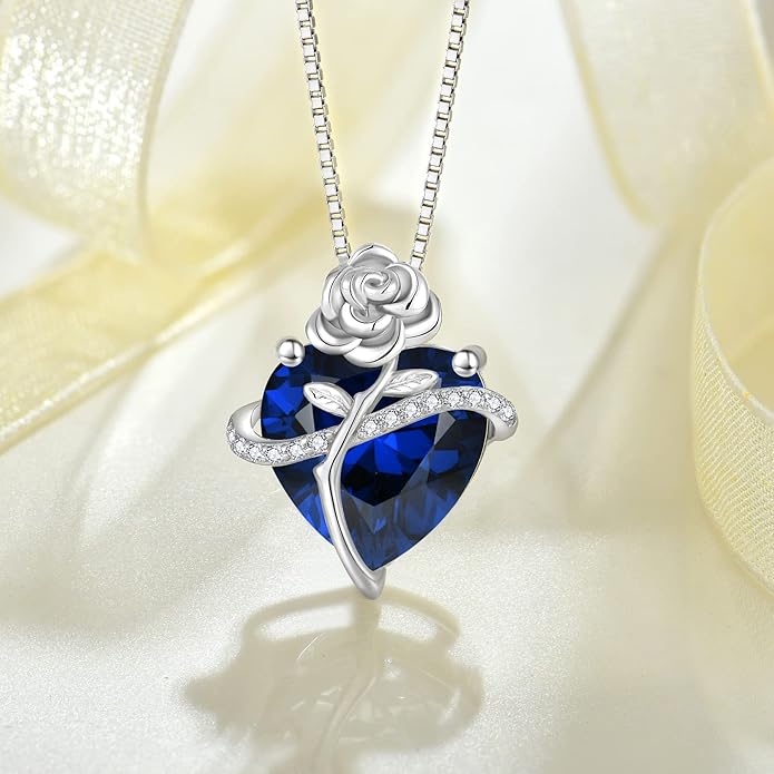 Birthstone Necklace for Women 925 Sterling Silver Love Heart Rose Flower Necklace Dainty Jewelry Gifts for Women Wife Girlfriend Mother Daughter Her