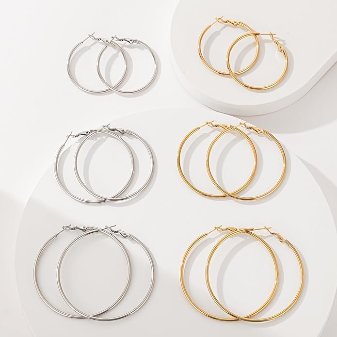 6 Pairs Gold Silver Hoop Earrings for Women, 14K Gold Plated Stainless steel Hoop Earring for Women, Lightweight Hypoallergenic Dainty Hoop Earrings Set