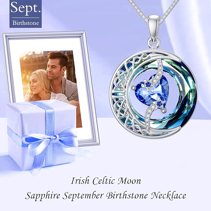 TOUPOP Christmas Gifts Birthstone Necklace 925 Sterling Silver Moon and Star Pendant with Blue Crystal Celtic Moon Jewelry Birthday Gifts for Women Mom Wife Her Daughter