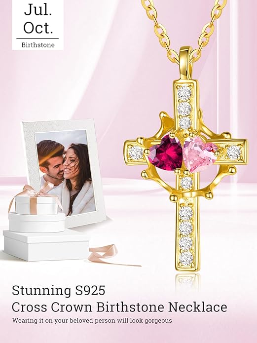 Zeuslia Double Birthstone Necklace Gifts for Wife - 925 Sterling Silver Sunflower/Rose/Crown Cross/Compass/Heart Pendant I Love You Necklace, Anniversary Birthday Gifts for Wife Girlfriend Mom Her