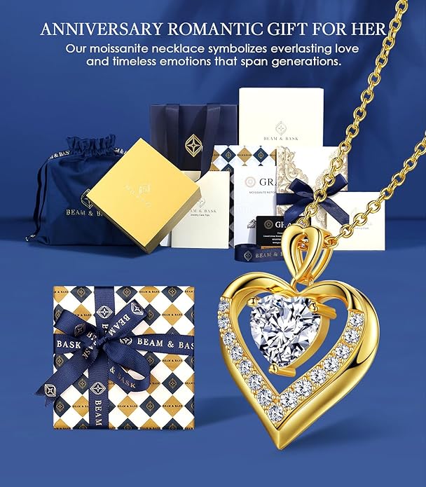 Beam & Bask 2-3 Ct Moissanite Double Heart Pendant Necklaces for Wife, 18K Gold Plated S925 Silver Jewelry for Women Girlfriend Mom Her on Anniversary Birthday