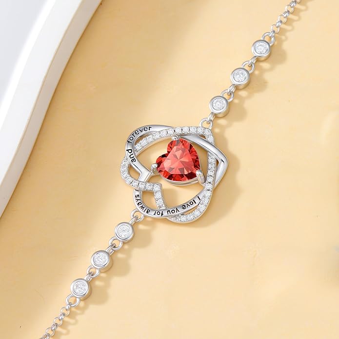 TOUPOP Heart Birthstone Bracelet 925 Sterling Silver Double Heart Bracelet Love You for Always and Forever Jewelry Anniversary Birthday Christmas Gifts for Women Wife Her