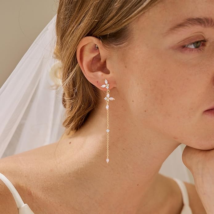 14K Gold Plated Butterfly Dangle Earrings for Women - Dainty, Trendy, Hypoallergenic CZ Drop Earrings - Simple Long Dangling Jewelry