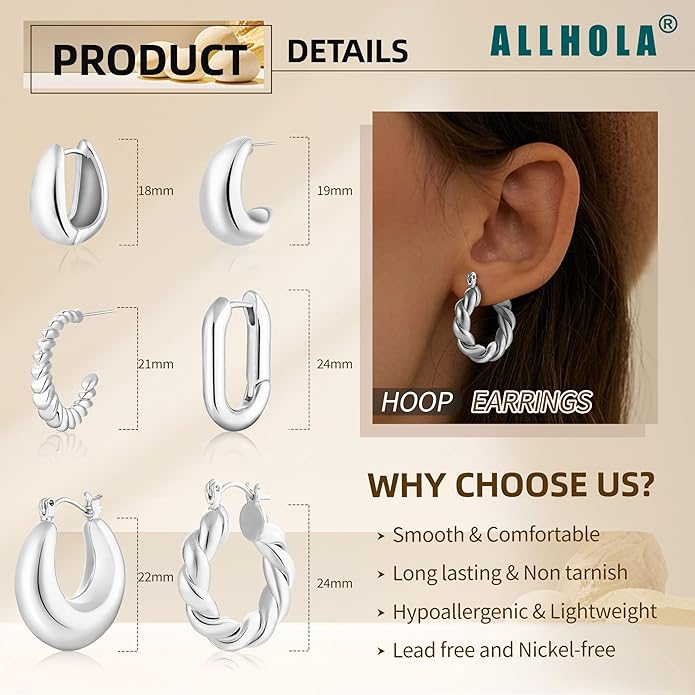 6 Pairs 14K Gold Plated Hoop Earrings for Women Trendy Chunky Lightweight Hoop Earrings Multipack Hypoallergenic, Thick Twisted Huggie Hoops Earring Set Jewelry for Gifts
