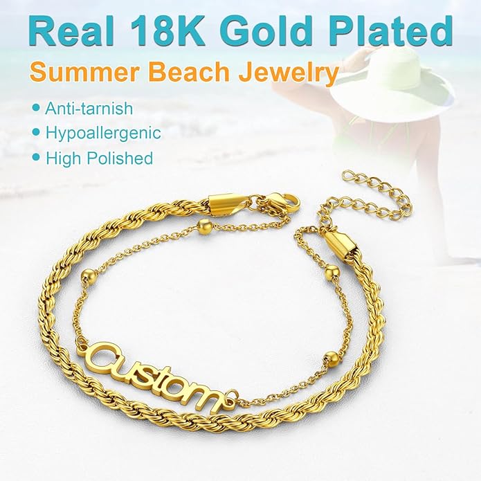U7 Custom Layered Ankle Bracelets for Women Stainless Steel Bead/Cuban/Figaro/Rope/Wheat Chain Anklet Waterproof Anklet Jewelry for Beach Vacation