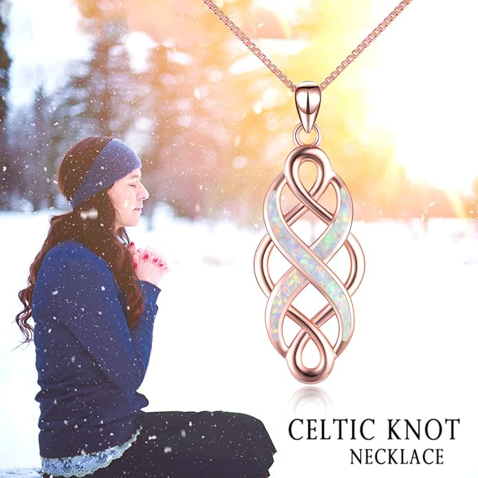 YFN Irish Celtic Knot Created Opal Pendant Necklace Sterling Silver Black Necklaces for Women Men 18"