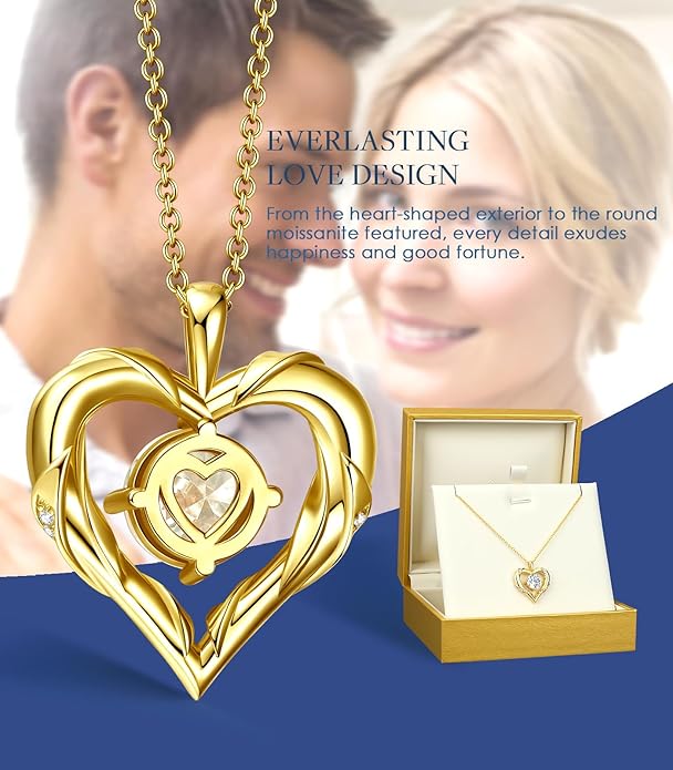 Beam & Bask 2-3 Ct Moissanite Heart Necklaces for Women, 18K Gold Plated Romantic Pendant for Anniversary Birthday, 925 Sterling Silver Jewelry for Wife Girlfriend Mom Her
