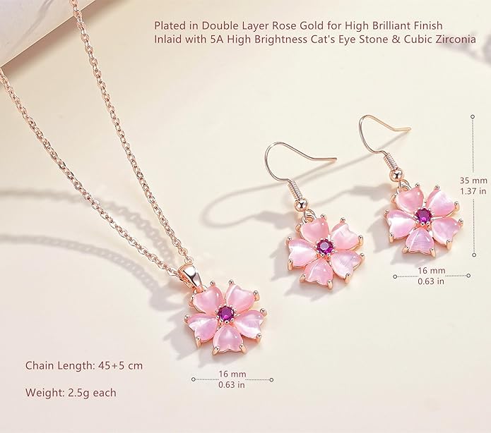 VONSSY Elegant Cherry Blossom Necklace Earrings Pink Cats Eye Flower Flora Sakura Gemstone Crystal Pendant 18k Gold Plated Chain Jewelry Set Gift for Woman Wife Girlfriend