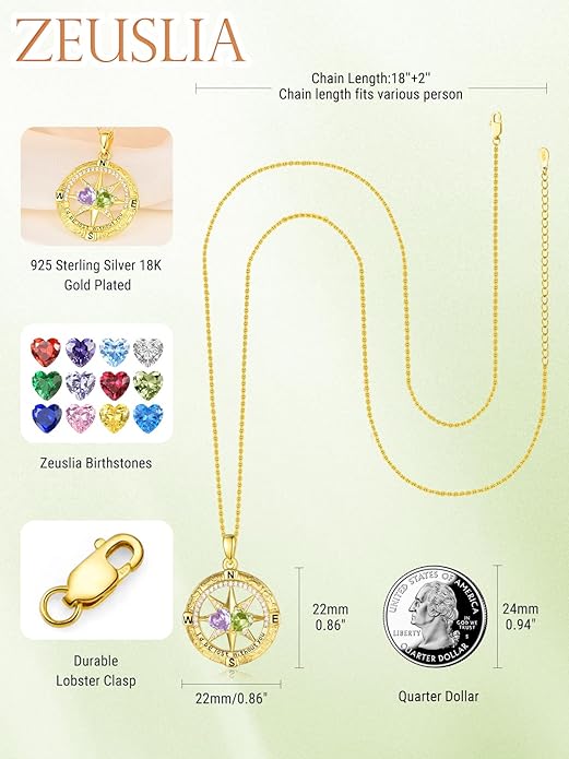 Zeuslia Double Birthstone Necklace Gifts for Wife - 925 Sterling Silver Sunflower/Rose/Crown Cross/Compass/Heart Pendant I Love You Necklace, Anniversary Birthday Gifts for Wife Girlfriend Mom Her