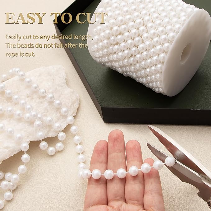 8mm Pearl Garland, 33 Feet Faux Pearl Garland Spool Roll for Wedding Centerpiece Backdrop Christmas Tree and Flowers Decoration DIY Craft (White)