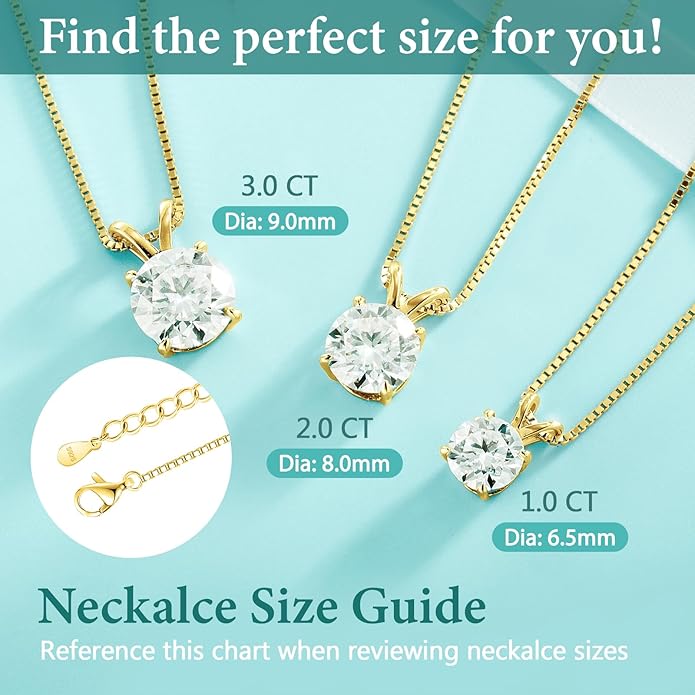 Moissanite Solitaire Necklace for Women, 1-3 Carat Lab Grown Diamond Pendant Jewelry D Color VVS1, S925 Sterling Silver with Gold Plating, 18+2” Silver Chain, Heart Engraving Gift for Wife Girlfriend Mom Yourself on Anniversary Birthday Wedding