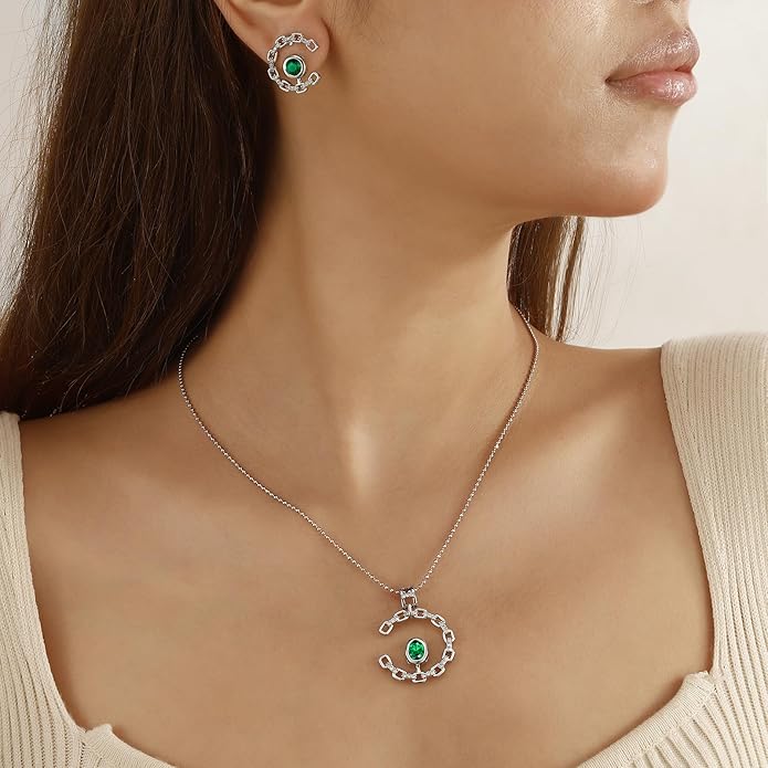 Ydou Elegant C-Shaped Crystal Necklaces/Stud Earrings Set with Birthstone Jewelry Set Silver Plated Fashion Jewelry for Women CS0003